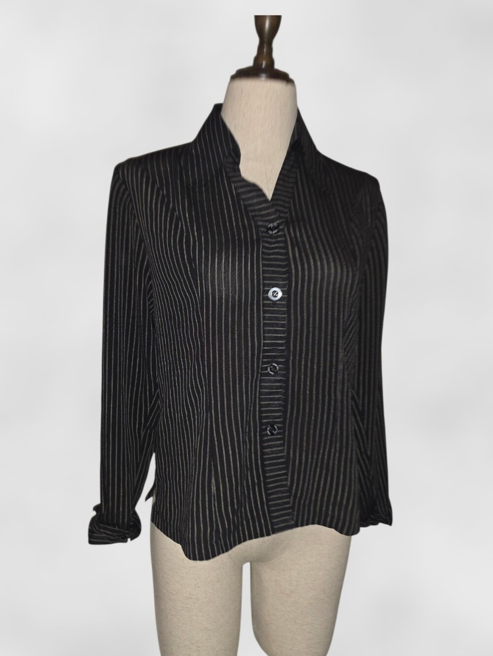 Vintage 1990s Sheer Long-Sleeve Black Pinstripe Chiffon Button Front Blouse